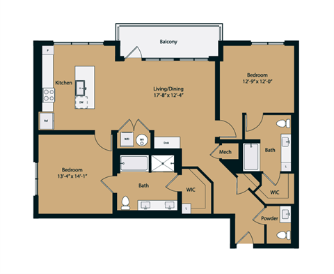 Floor plan for 2 beds, 2.5 baths, 1416 sqft